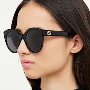 Gucci Black Round-Frame Cateye Sunglasses with Gold Logo - GG0028s